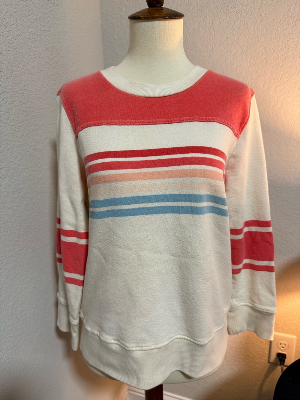 MOTHER Cream Pullover Sweater with Coral and Light Blue Stripes